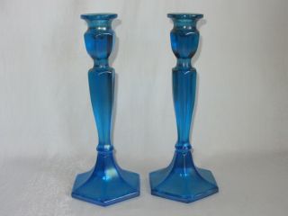 Pair Set Iridescent Celeste Blue Glass Candlestick Holders Vintage Carnival