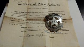 Obsolete Vintage 1957 Special Police Indianapolis Badge W/ Certificate - Obsolete