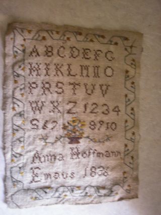 Vintage Primitive Cross Stitch Alphabet Sampler Completed Emaus 1836,  Emmaus Pa.