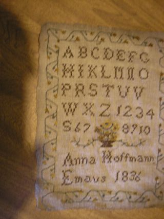 Vintage Primitive Cross Stitch Alphabet Sampler Completed Emaus 1836,  EMMAUS PA. 2