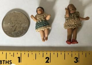 2 Tiny Miniature Jointed Bisque? Porcelain? Antique Dolls With Crocheted Dresses