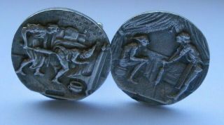 Pair Silver Buttons Mounted As Cuff Links Enema Clyster Medical Scene