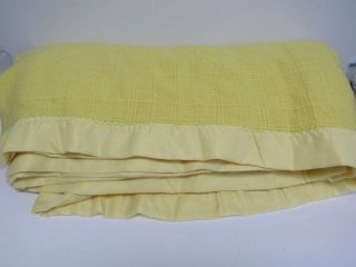 Vtg Acrylic Waffle Weave Blanket Satin Binding Stevens Utica Usa Double Yellow