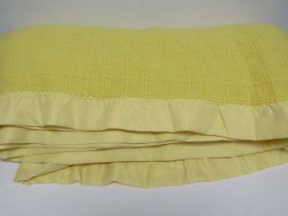 Vtg Acrylic Waffle Weave Blanket Satin Binding Stevens Utica USA Double Yellow 4