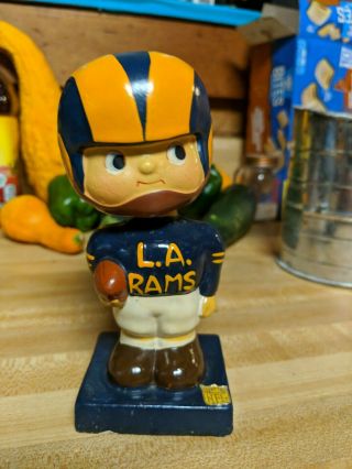 Vintage NFL LOS ANGELES RAMS BOBBLEHEAD,  NODDER,  BOBBLE HEAD WOOD BASE L.  A. 2