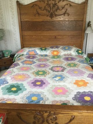 Antique Vintage 1930s Gorgeous Grandmothers Flower Garden Feedsack Quilt Awesome