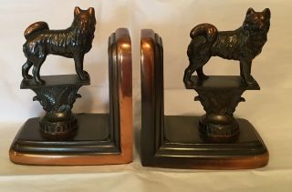 Vintage Husky Oil Gas Co Trophy Craft Bronze Copper Bookends Dog Figure Art Deco