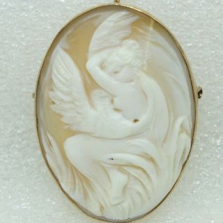 Vintage 14k Leda Swan Cameo Brooch Pin Pendant Carved Shell Lady Yellow Gold