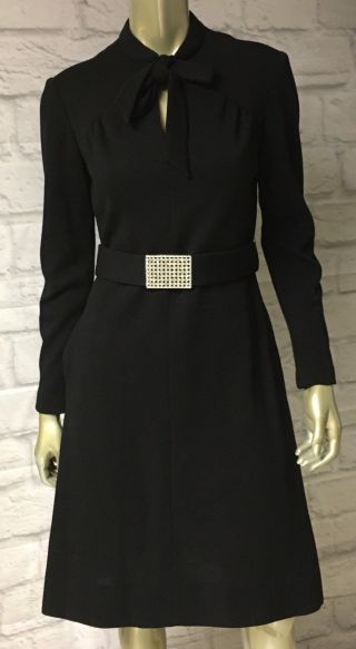 Vintage 60s Rona Ny Black Wool Dress Rhinestone Buttons & Belt Pussy Bow 10 M