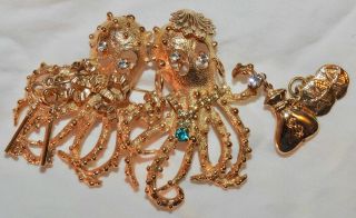Kirks Folly Brooch Octopus Couple With Rhinestones Starfish Signed Vintage