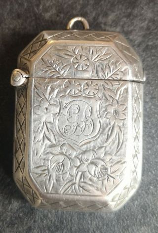 " Antique Solid Silver Engraved Vesta Case " Chester 1910 Rare