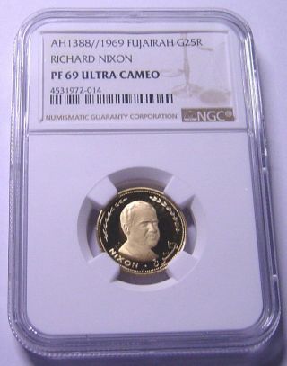 Fujairah 25 Riyals 1969 Gold Ngc Pf69uc Nixon Rare Grade