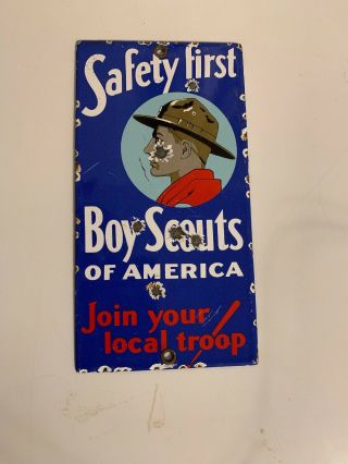 Vintage Boy Scout Of America Safety First Porcelain 4x9in Sign