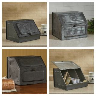 Galvanized Metal Vintage Style Bread Box Storage With Lid Punched Star Design