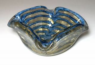 Ercole Barovier Murano Glass Bowl Gold With Blue Graffito Candy Dish Vintage