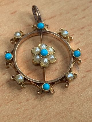 Antique C12ct Gold Turquoise Set Necklace Pendant