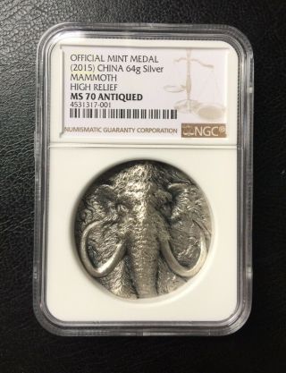 Ngc Ms70 2015 Shanghai Prehistoric Animals Mammoth Silver Antique Coin 64g
