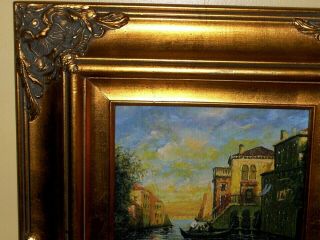 Vintage Signed Sereni Oil Canvas Painting: Gondola Boats Venice Landscape Sunset