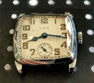 Vintage Elgin men ' s wristwatch Art Deco Cushion 14k gold filled blue steel Runs 2