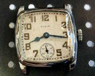 Vintage Elgin men ' s wristwatch Art Deco Cushion 14k gold filled blue steel Runs 3