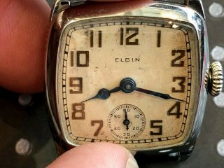 Vintage Elgin men ' s wristwatch Art Deco Cushion 14k gold filled blue steel Runs 8