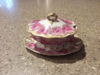 Haviland Limoges Drop Rose Pink Covered Jam Dish With Attached Plate “rare”