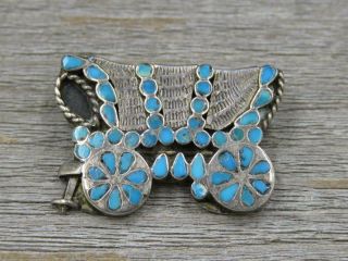 Vintage Zuni Sterling Silver Turquoise Inlay Covered Wagon Pendant Or Pin