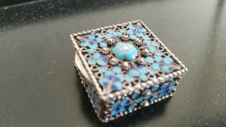 Sterling Silver Pill - Trinket Box Vintage Turquoise Champleve Enamel 28mm