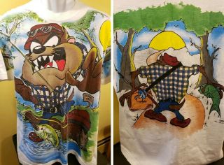 Vintage 90s Fishin Taz Looney Tunes Double - Sided Graphic Cartoon Graphic T Shirt