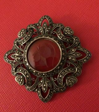 Vintage Judith Jack Sterling Silver Marcasite Intaglio Brooch Pin - Immaculate