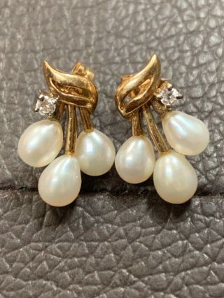 Vintage 14k Yellow Gold White Pearl & Diamond Stacked Stud Pierced Earrings