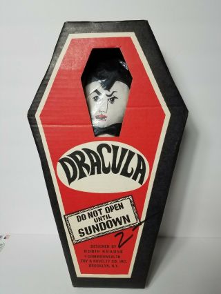 Vintage Dracula Doll Plush In Coffin By Robin Krause Toy & Novelty Co.  14 "