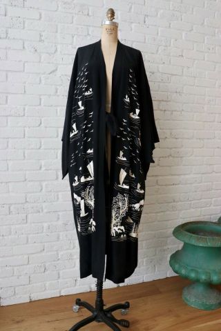 1920s Silk Kimono Black Cream White Embroidery Robe Rare 1930s Antique