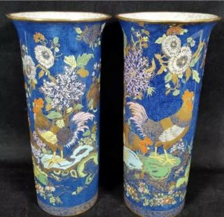 Antique Pair 10 " Carlton Ware Rooster Cock & Peony Vases 1894 - 1926 Crown Mark