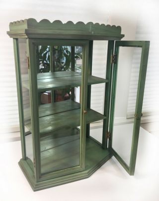 Vtg Shabby Cottage Shelf Large Wall Curio Cabinet Display Case Mirror Glass