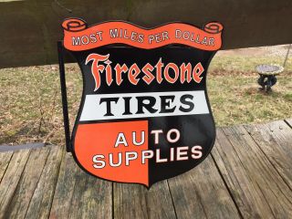 Vintage Porcelain Firestone Tire Sign Double Sided Flange Tires Gas Oil Can Pump