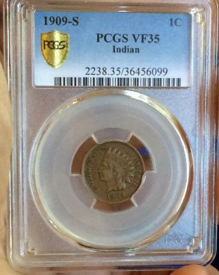 1909 - S Indian Head Cent Pcgs Vf35 Key Date Penny,  Graded,  Coin,  True View,  Rare,  Slab