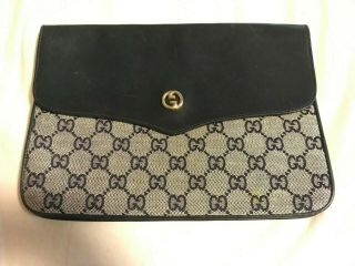 Authentic Vintage Gucci Envelope Clutch Navy Blue Leather And Gucci Print Fabric