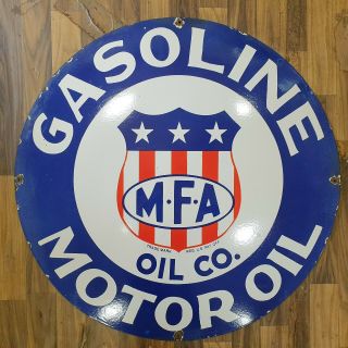 Mfa Gasoline Motor Oil Vintage Porcelain Sign 30 Inches Round