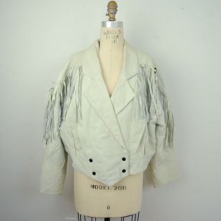Vtg 80s Womens Fringed Cropped Leather Jacket Sz L Off White Big Shoulders