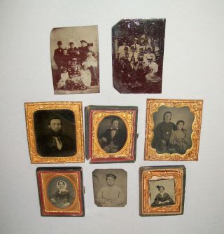 Old Antique Vtg Ca 1870s Group Of Eight Tintype Photographs Girls Women And Men