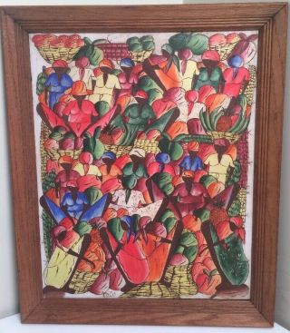 Vintage Haitian Painting Oil On Canvas Signed Toto 1960s Colors Market Scene