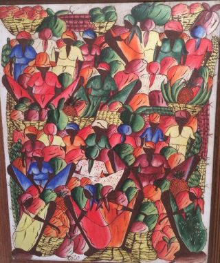 Vintage Haitian Painting Oil On Canvas Signed Toto 1960s Colors Market Scene 2