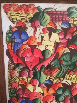 Vintage Haitian Painting Oil On Canvas Signed Toto 1960s Colors Market Scene 3