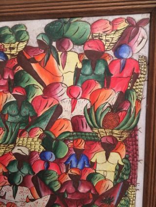 Vintage Haitian Painting Oil On Canvas Signed Toto 1960s Colors Market Scene 4