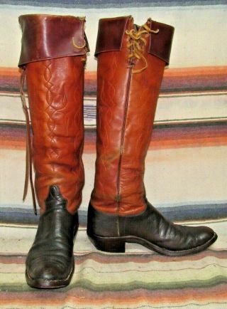 Mens Vintage Tall Brown Caribou Leather Handmade Cowboy Boots 11 B Worn Good Con
