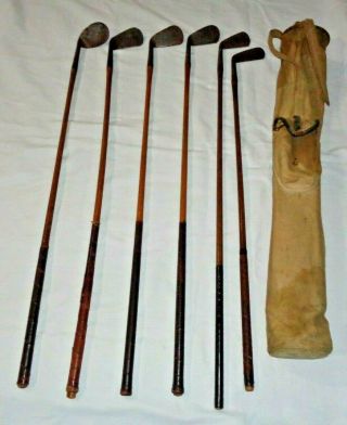 Set Of Antique Hickory Wood Shaft Golf Clubs And Vintage Canvas Bag