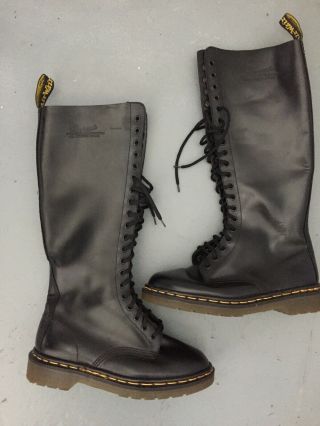 Vtg Dr Doc Martens Tall Black Boots 20 - Eye Lace Up Goth Punk Size 8 Uk 6 Euc