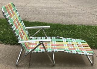 Vtg Aluminum Webbed Lawn Beach Yard Lounge Chair Camp Telescope