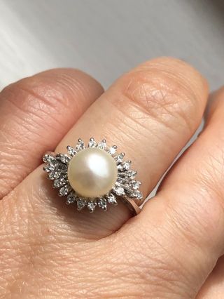 Vintage 18k White Gold Culture Pearl White Sapphire Gold Ring - Uk Size L